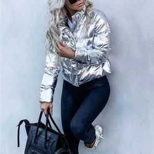 Metallic puffer jacket.